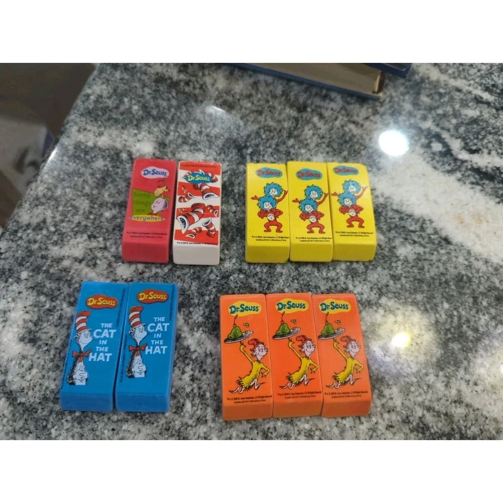 Lot Of 10 Dr. Seuss Beveled Erasers 2016 Cat in the Hat Funny Things